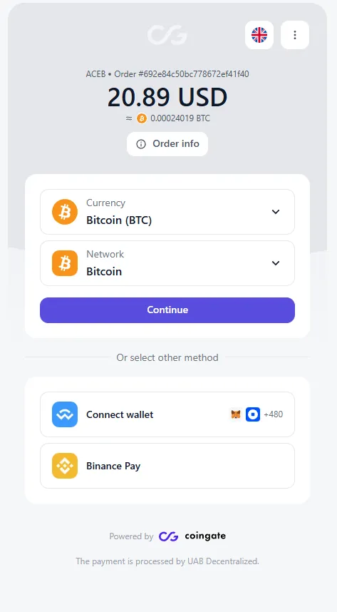 Bitcoin payment invoice generated by CoinGate for an ACEB.com order